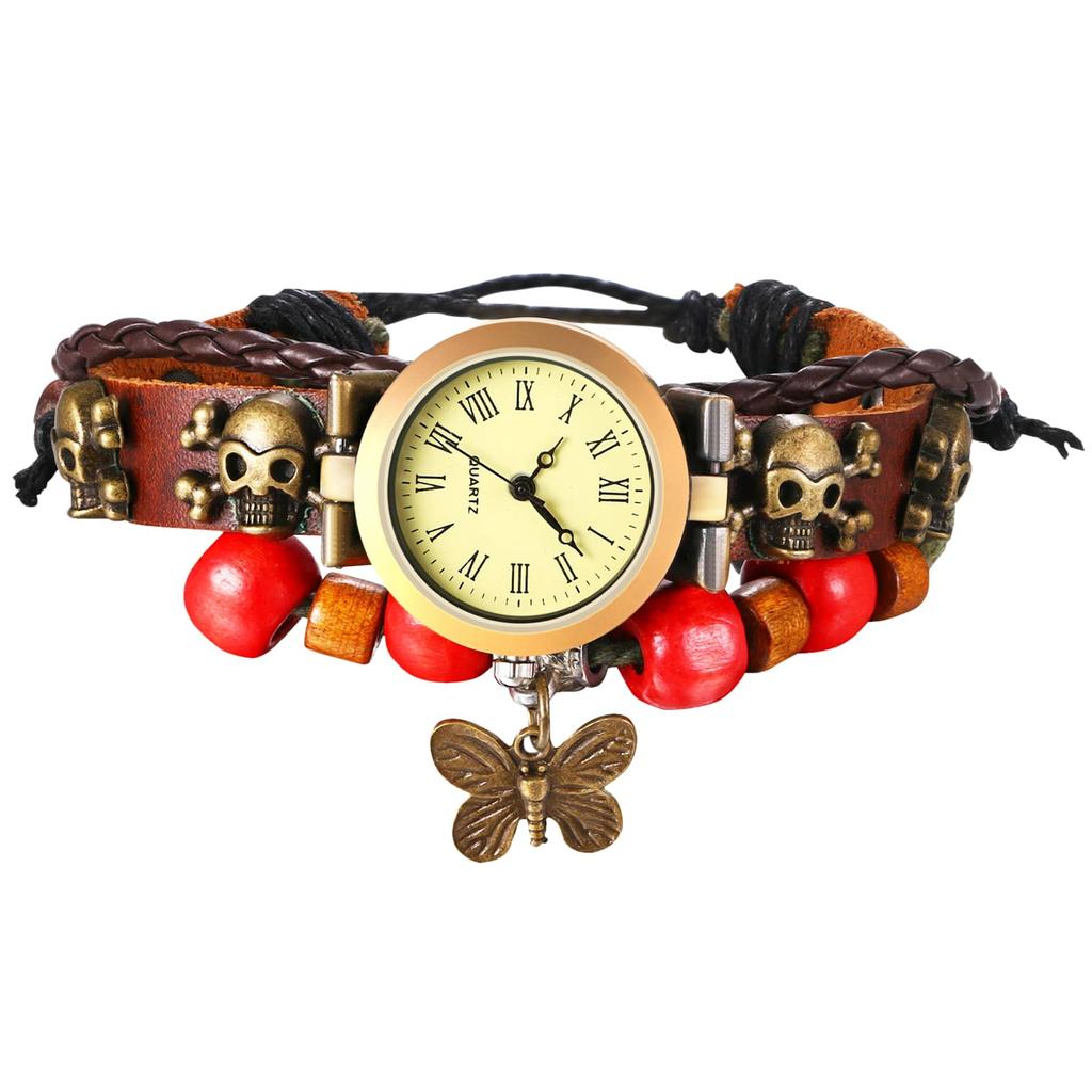 Schmetterlingsuhr für Damen, mehrfach aufziehbar, Ledergürtel, analog, Gebetsperlen-Armband, lässiges Damen-Accessoire, Geburtstagsgeschenk für Weihnachten