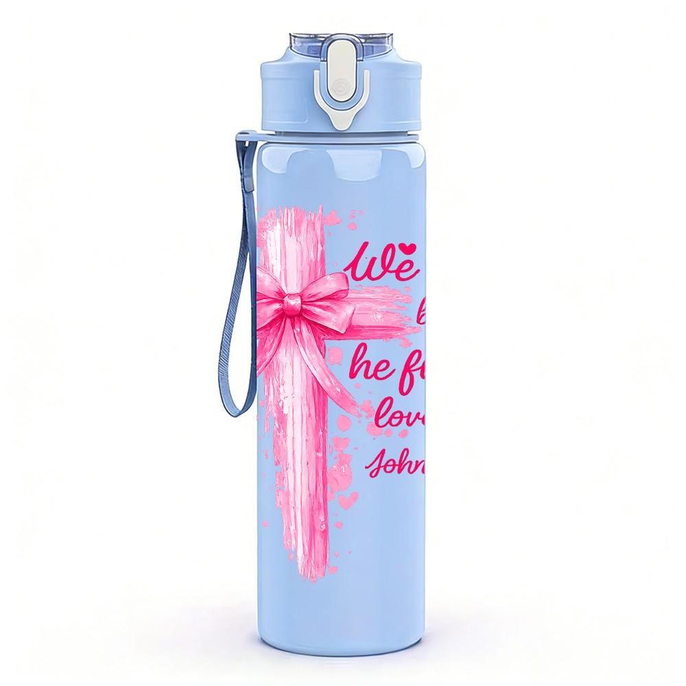 1PC Pink Gift Bow Love Text Art Print 750ml Color Plastic Sports Water Bottle Leakproof Flip Straw Lid Suitable for Sports Office Home Use