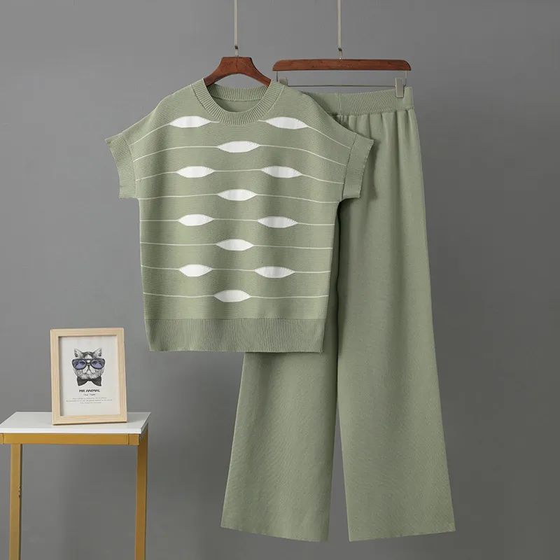 

Cross-Border Summer New Idle Style Loose Niche Design round Neck Knitted Waistcoat Fashion Wide Leg Pants Two-piece Set Light green All yards