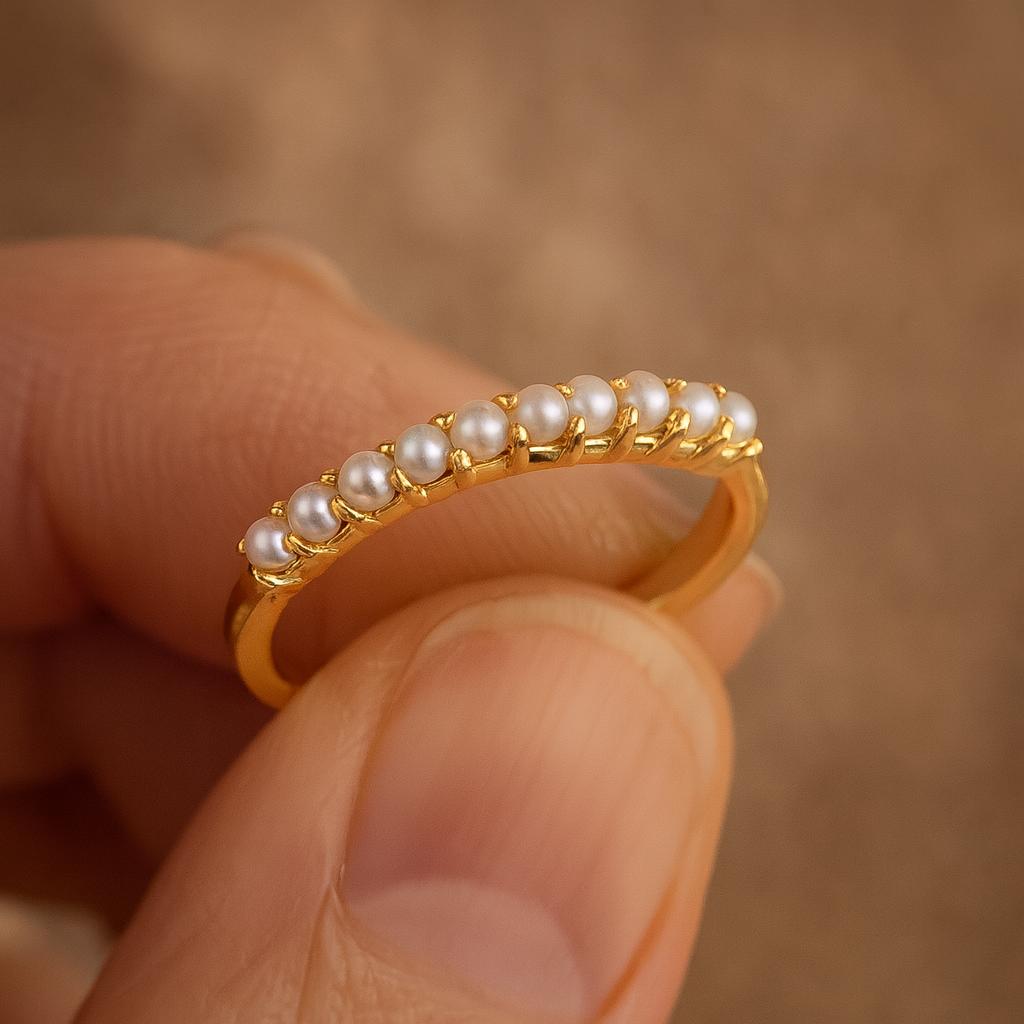 Wedding Engagement Anniversary Promise Gift – Antique Akoya Pearl Band, Yellow Gold Plated Unique Bridal Ring, June Birthstone Jewelry