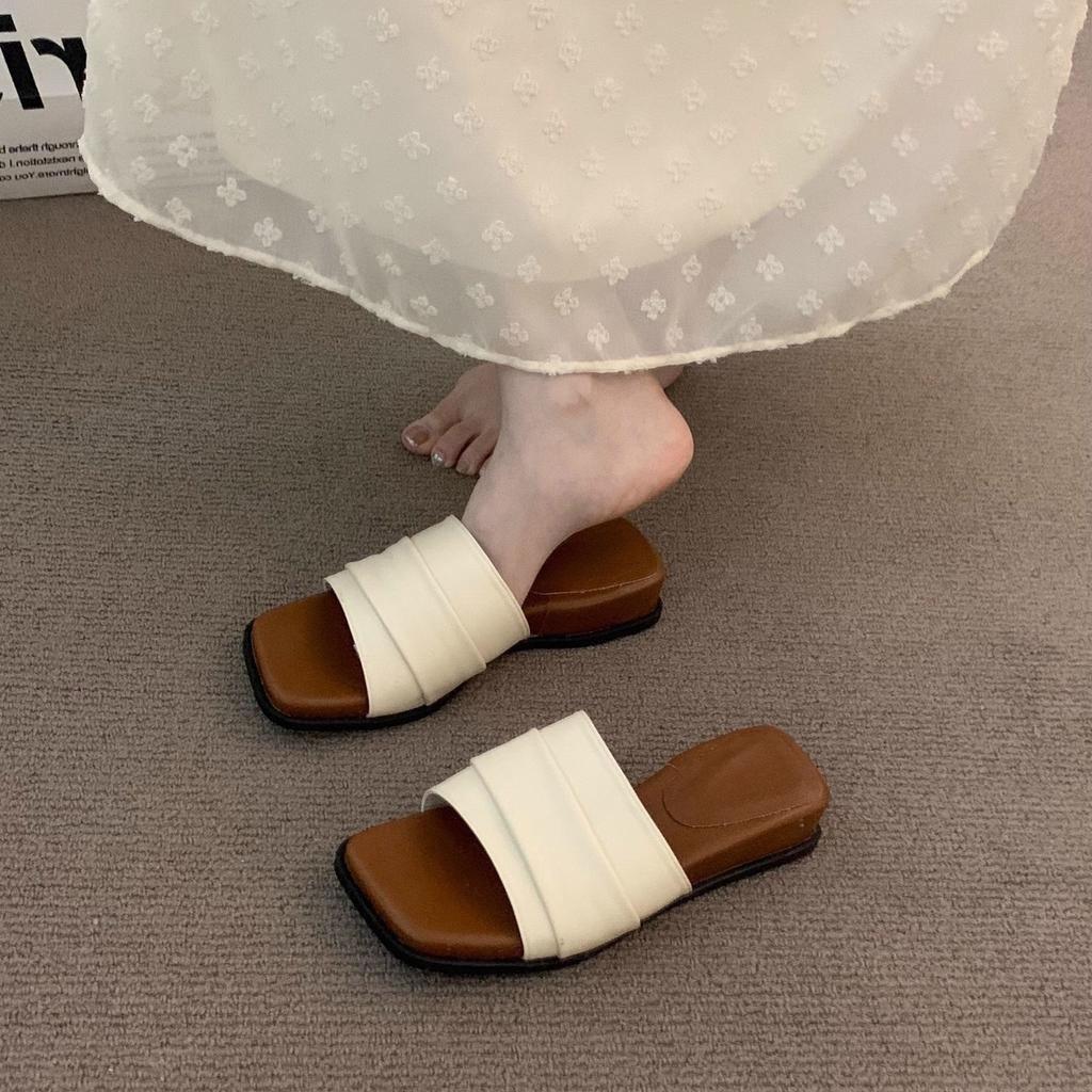 Late evening wind Mori retro brown wedge heel one-word slippers women's outerwear 2025 summer with skirts Birkencool slippers