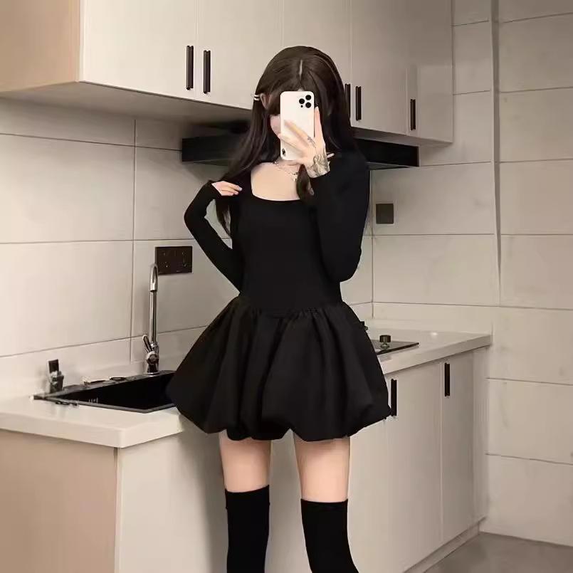 Rich family daughter high-end flower bud dress women's autumn small black dress birthday small gift dress princess fluffy short skirt