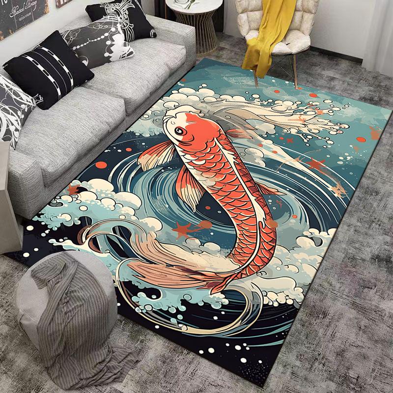 Artistic Carpet with Red Koi and Waves Suitable for use as an anti-slip game mat for living room and bedroom sofas