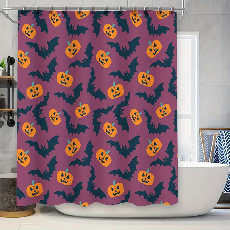 

Purple Halloween Shower Curtain with Pumpkin Bats Pattern Waterproof Fabric for Bathtub Liner Decoration in Bathrooms Perfect Gi 90x180cm