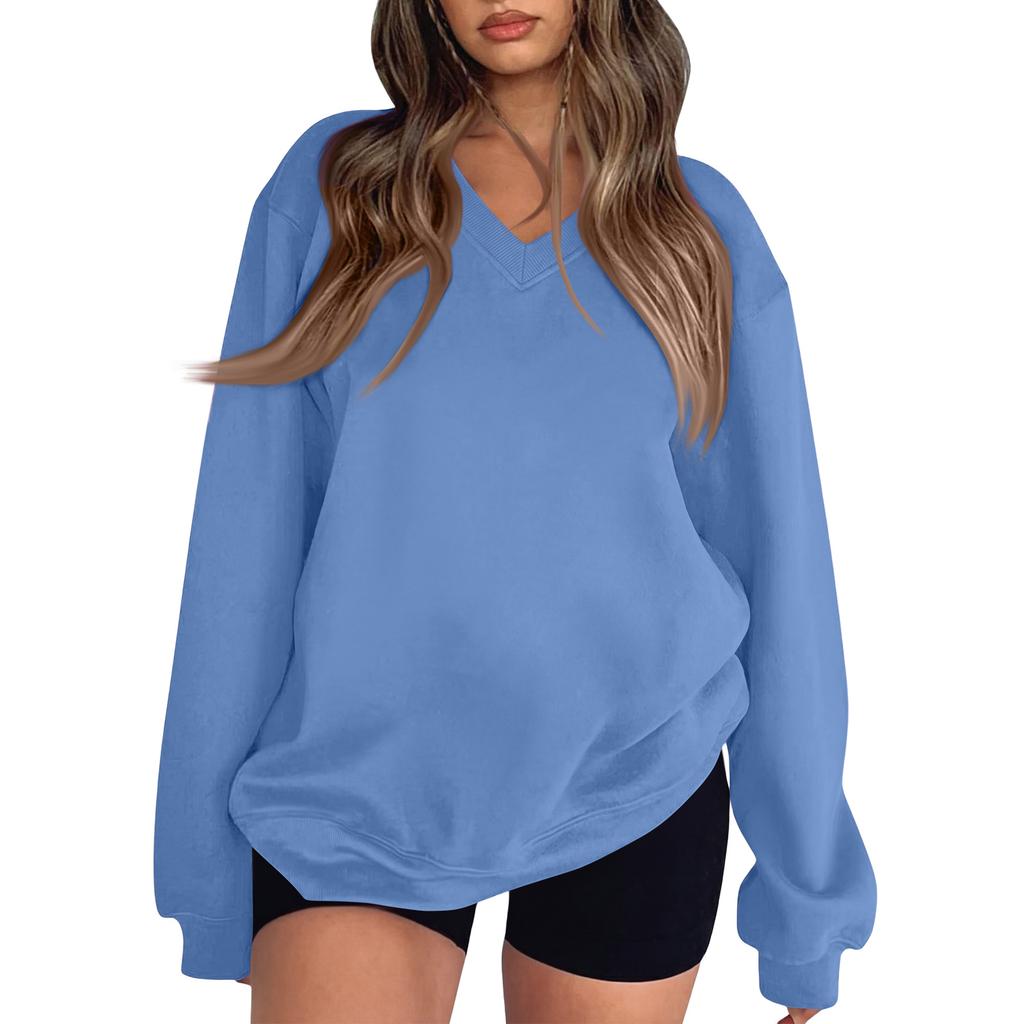 Women's Long Sleeve V-Neck Sweatshirt Color Casual Pullover Top