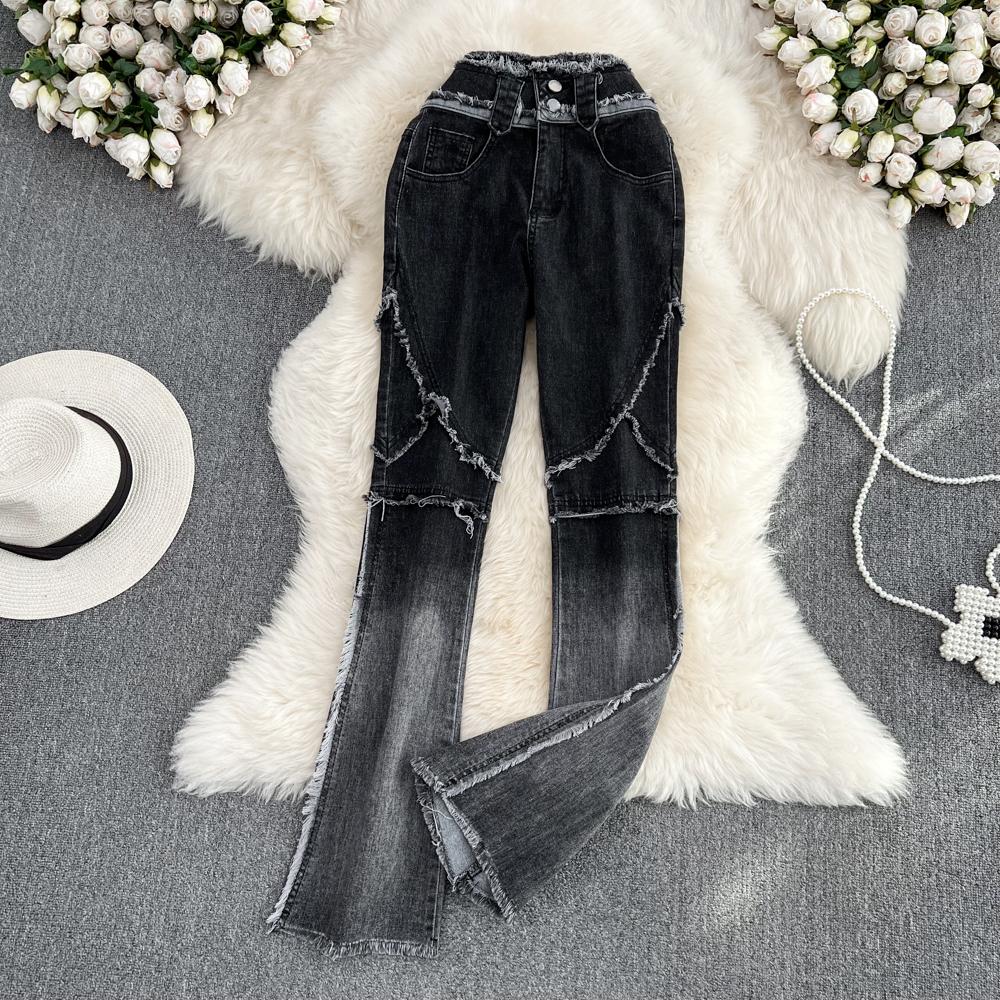 

Осенние новые эластичные джинсы в корейском стиле с кисточками и высокой талией, узкие расклешенные брюки