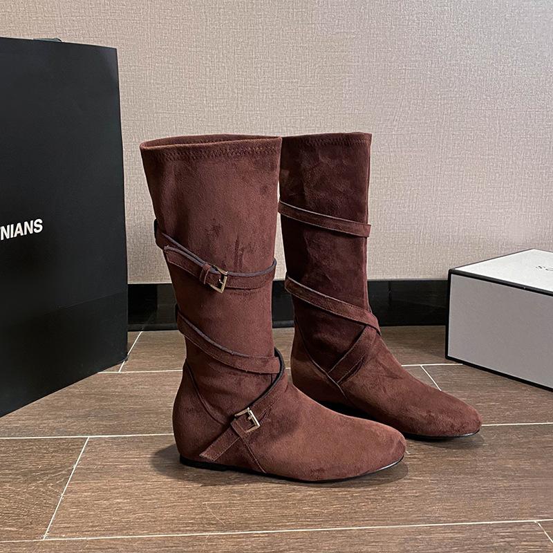 

Leather Flat Boots Women s Inner Heightening Knight Boots Cross Buckle Pleated Pile Boots Skinny Boots Women 35