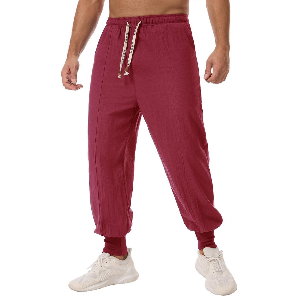 Men's Linen Blend Harem Pants - Contrast Drawstring Elastic Waist Loose Fit Casual Joggers with Ribbed Cuffs in Navy Blue