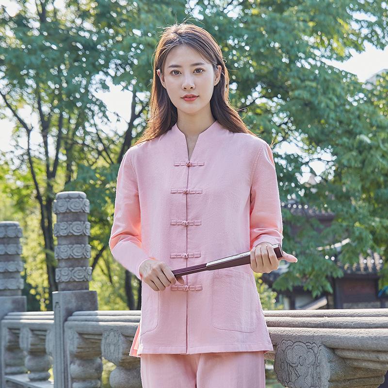 

Women s Four Seasons Plus Size Tai Chi Set Long Sleeve Loose Top + Pants Simple Sports Two Piece Set XXS рожевий