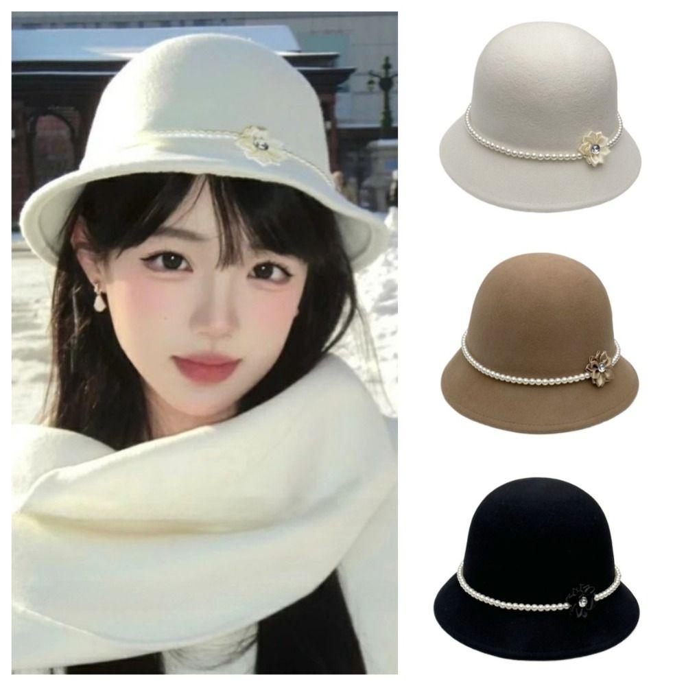 Solid Color Flower Topper Hat Pearl Woolen Bucket Hat Elegant Fisherman Hat  Girl