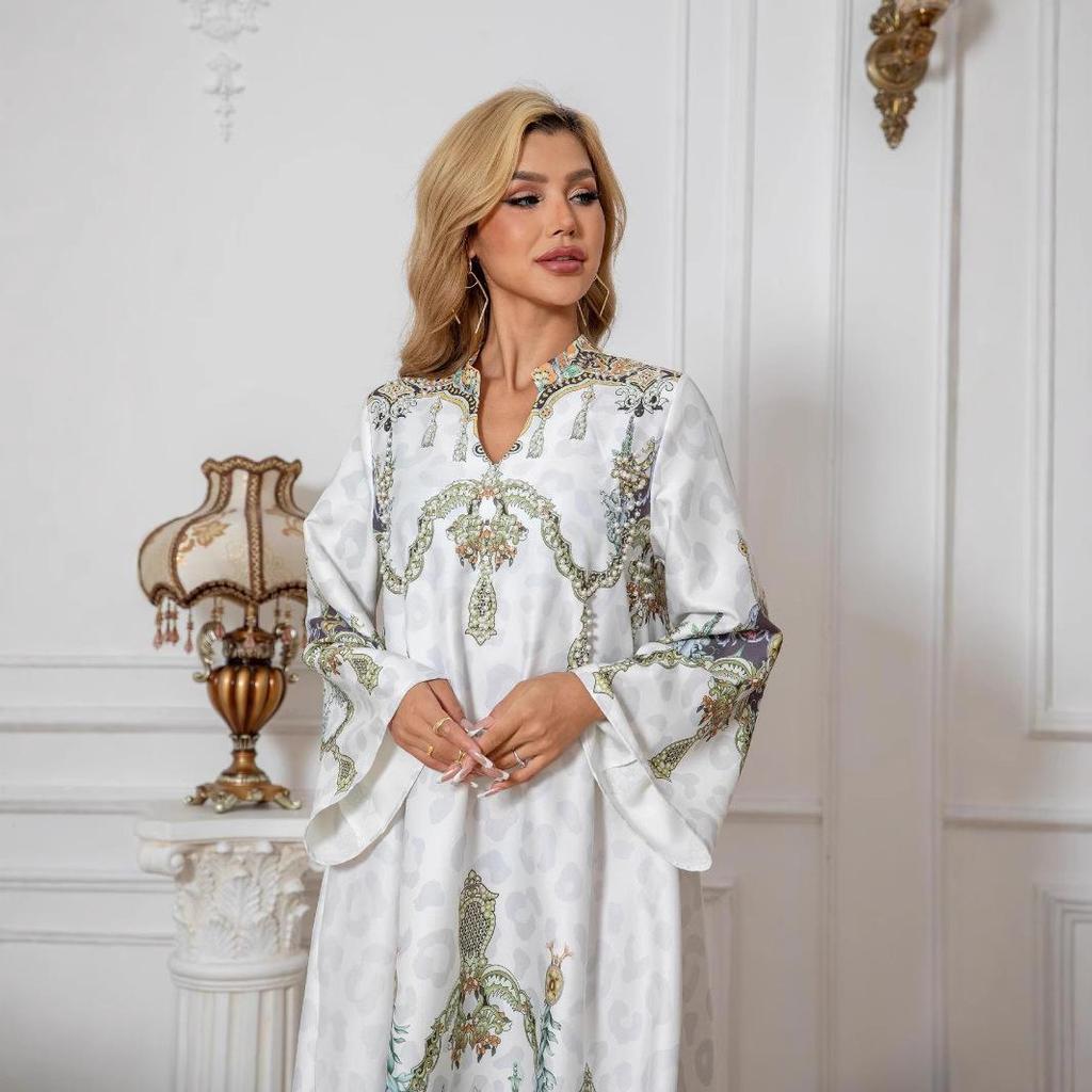 SW1003 Middle Eastern Cross-Border Muslim Women's Beaded Print Long Abaya Dress.