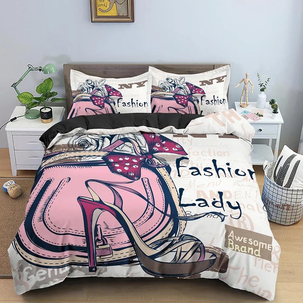 Fashion Woman Cosmetic Female High-heeled Shoes Comfortable Duvet Quilt Cover Pillowcase Bedding Set Children Bedroom Decoration