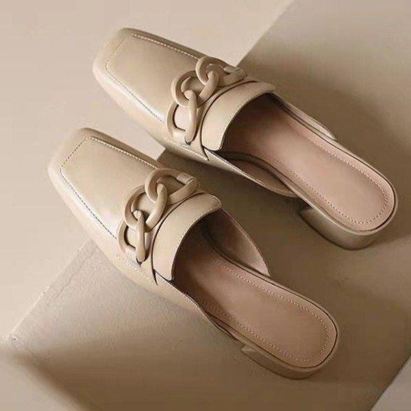 Square Head New Summer Bag Head Half Slippers Cool Slippers Fashion Casual Temperament Medium Heel White Muller Thick Heel
