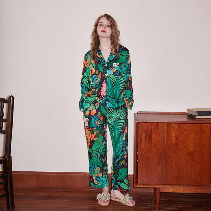 Comfortable Ice Silk Pajamas Women's Lapel Spring and Summer Long Sleeve Home Clothes New Style