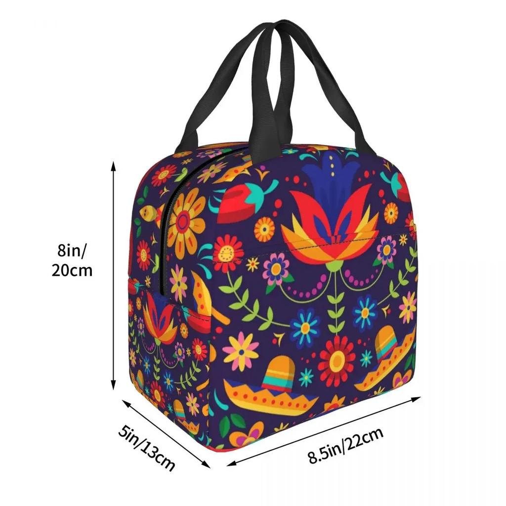 Mexican Floral Flowers Thermal Insulated Lunch Bag Women Mexico Portable Lunch Container for School Office Outdoor Food Box