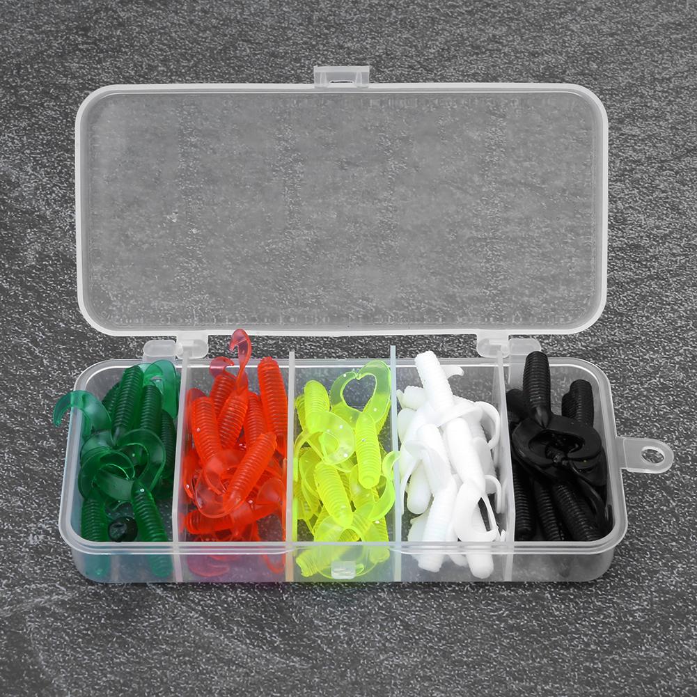 50 Pcs 5 Colors Double Tail Soft Rubber Artificial Fishing Lures Baits Fish Tackle Accessories Kit