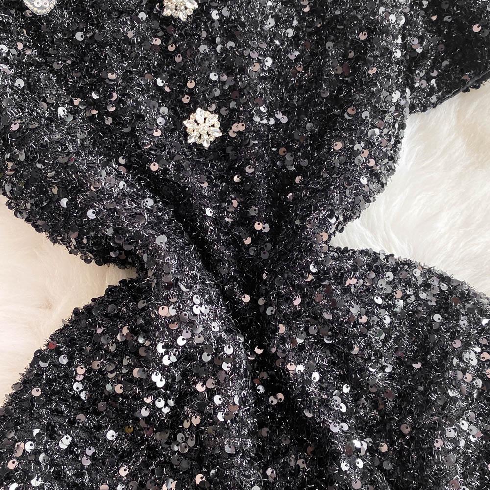 Summer Women Sweet Peter Pan Collar Black Sequined Diamonds Button Mini Short Fairy Princess Party Dresses
