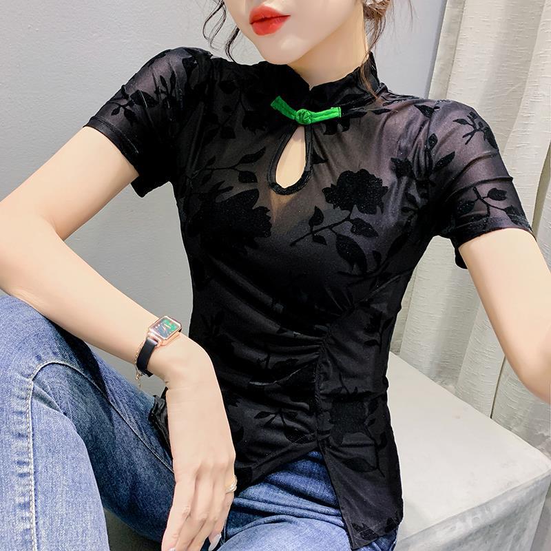 

2022 Лето Сексуальная сетчатая блузка в китайском стиле ретро с застежкой-пуговицей-лягушкой 2XL чёрный