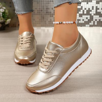 Mode Übergröße Lässige Leder-Sneakers Frühling/Herbst Mode Runde Zehenpartie Schnürung Flache Low-Top Freizeitschuhe für Damen