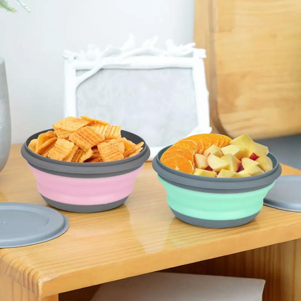 Silicone Folding Bowl with Lid, Salad Bowl Set, Foldable Lunch Box, Portable, 3 Pcs