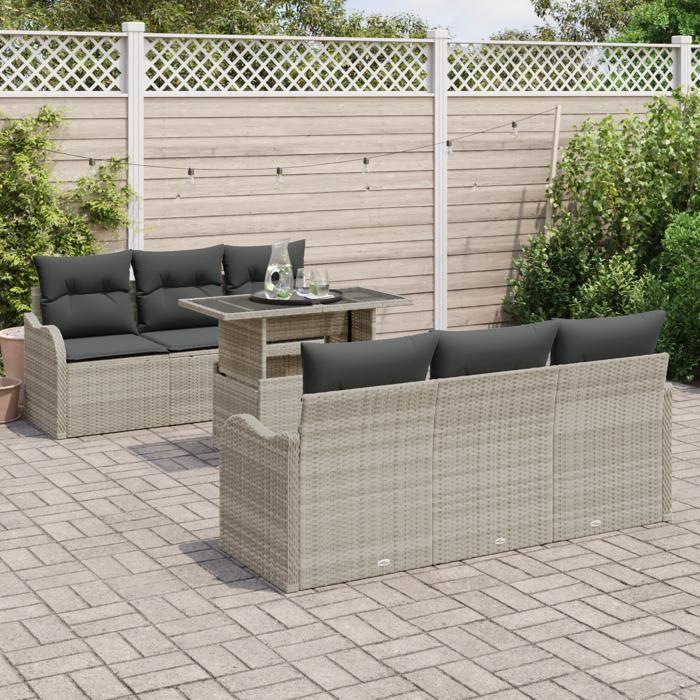 Ensemble de canapé de jardin 7 pièces avec coussins gris clair en poly rotin, Canapé de jardin 2 places avec coussins gris 3348388