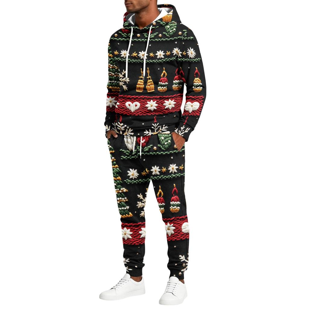 Men's Casual Christmas Print Lightweight Hoodie and Straight Leg Sweatpants 2 Piece Set for Holiday Celebration