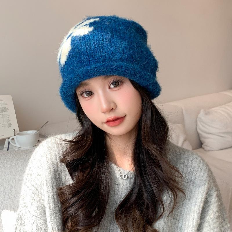 Korean Cute Flower Knitted Wool Hat for Women In Autumn and Winter Versatile Windproof and Warm Pile Hat Big Head Cold Hat