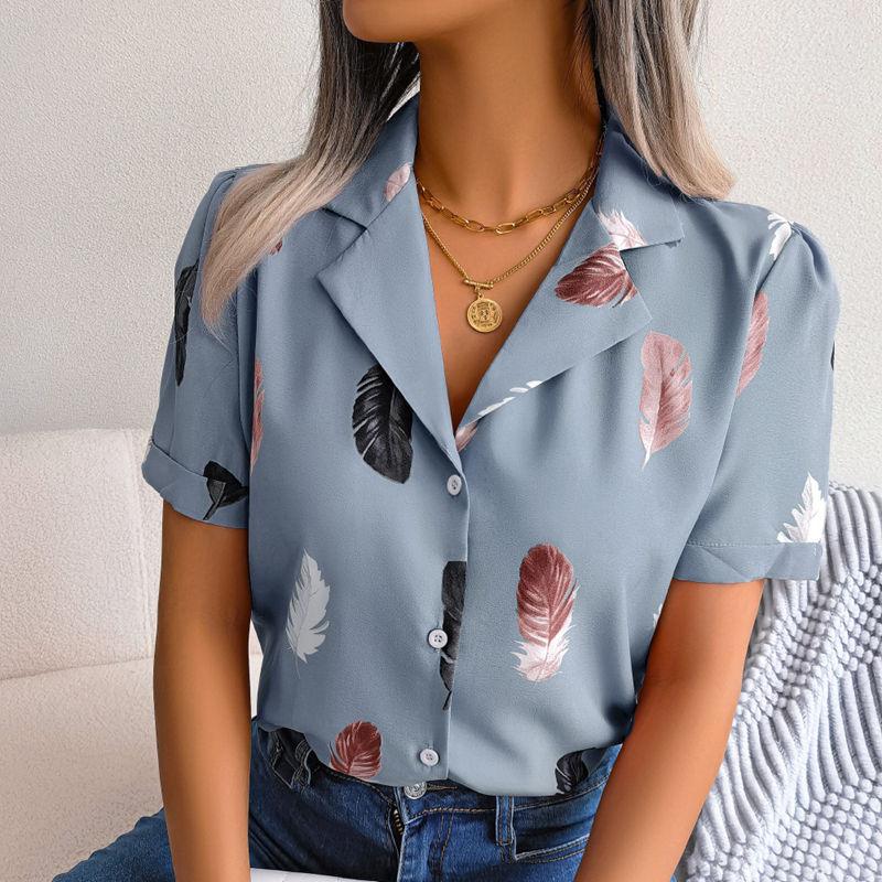 Women Summer Suit Collar Feather Loose Short Sleeve Shirt Blouses Loose All Match Tops