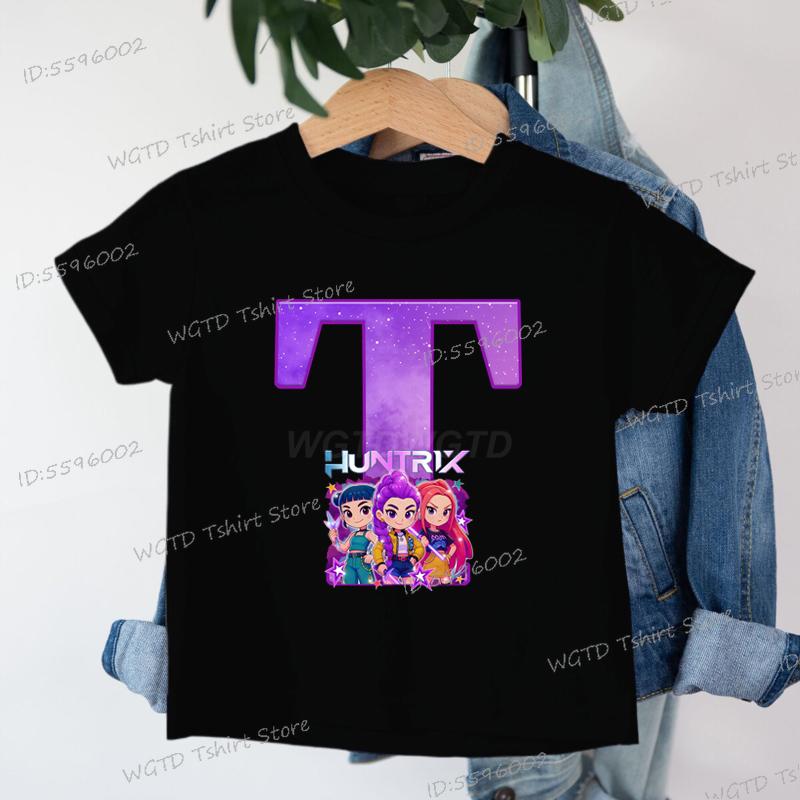 Clothes Child Girl KPop Demon Hunters Letters T-shirt for Children Cartoon Girls Boys Cotton Tee A-Z 26 Alphabet Kids Clothes