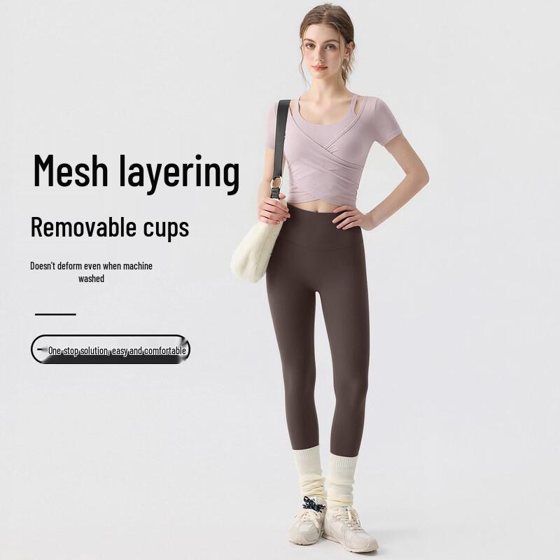 Youyou Women s Mesh Short Sleeve Yoga and Running Set L