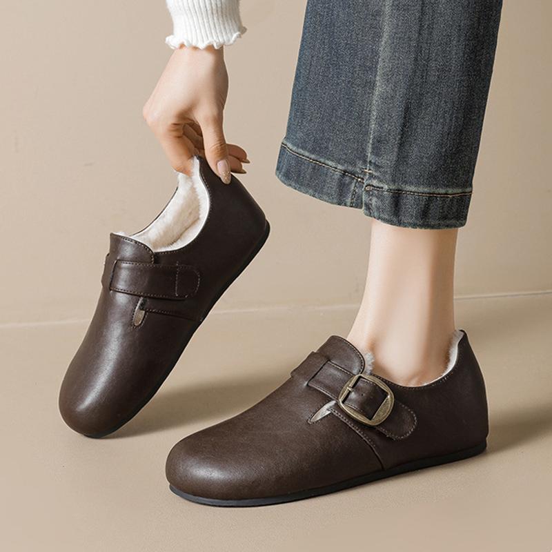 Fashion Brand Winter Fur Shoes Women Loafers Warm Plush Flat Non-slip Ladies Cotton Shoes Brown Black Plus Size 42