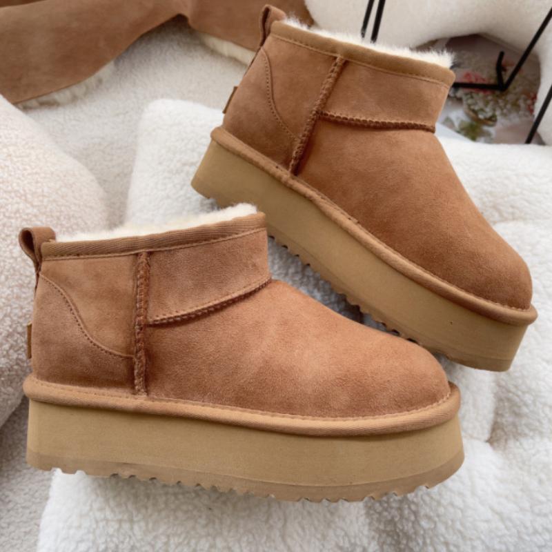 Bottes de neige à plateforme en peau de mouton véritable pour femme, augmentation de hauteur de 4 cm, enfilables, bottines cheville, chaussures d'hiver chaudes pour femme