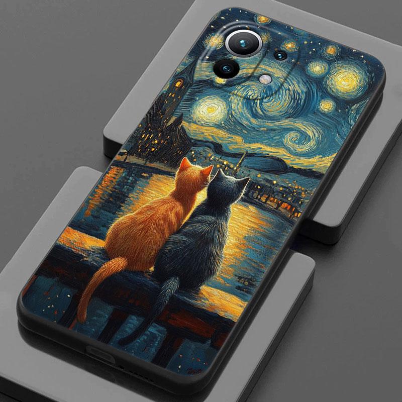 Cartoon Cat Van Gogh Starry Painting Phone Case For Xiaomi Poco X7 F7 Pro X3 X5 X6 M5 M7 F6 Mi 15 Ultra 14T 13T 12 11T Pro Cover