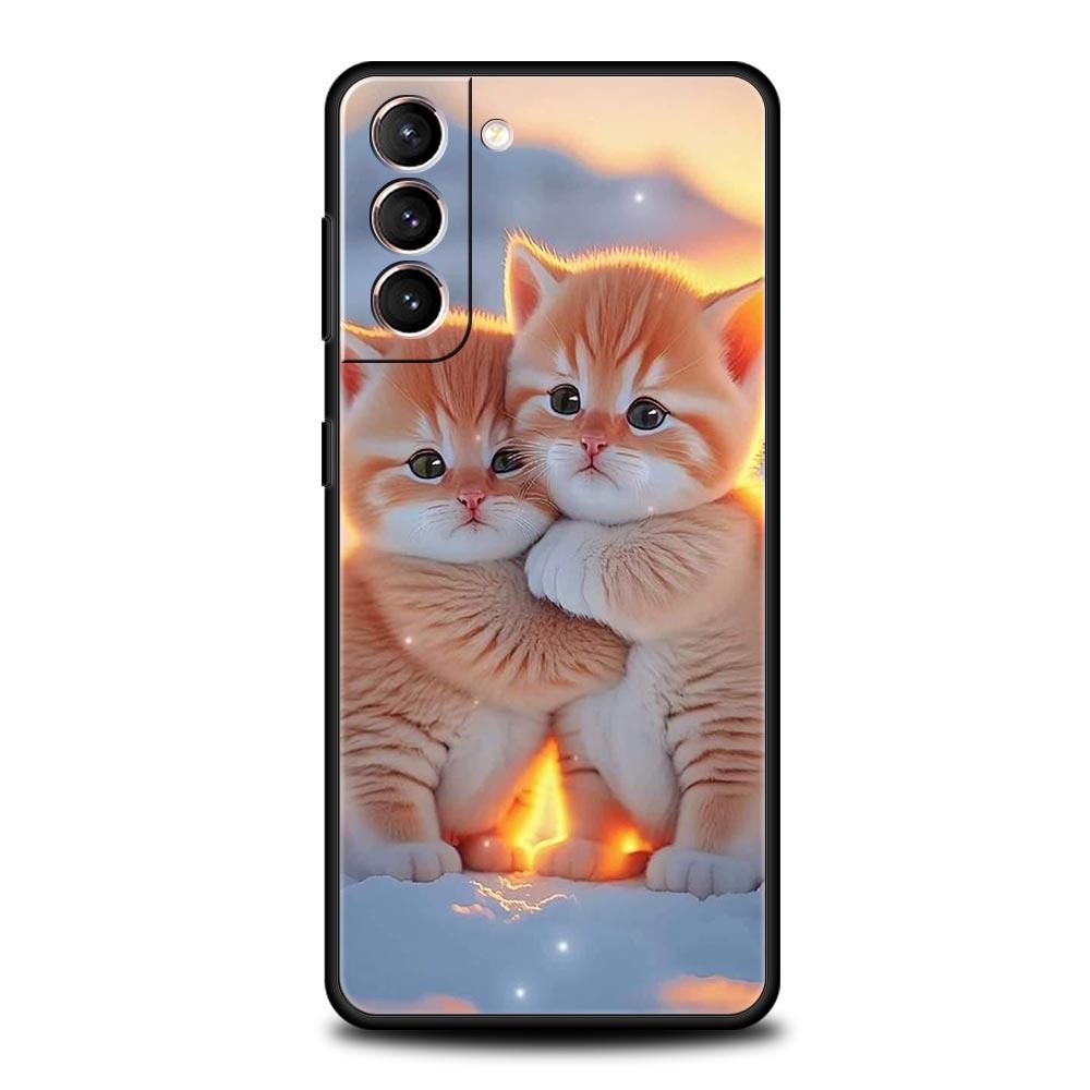 Kiss Cat Cute Kitten Phone Case For Samsung Galaxy S25 S24 S23 FE S22 Ultra S20 S21 5G S10 Plus S10E Soft Black Cover