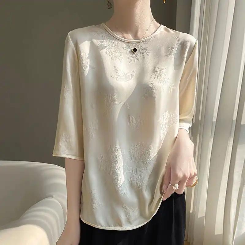 

Women s Black Satin Floral Jacquard Top Round Neck Elbow Sleeve Casual Blouse XXL шампанського