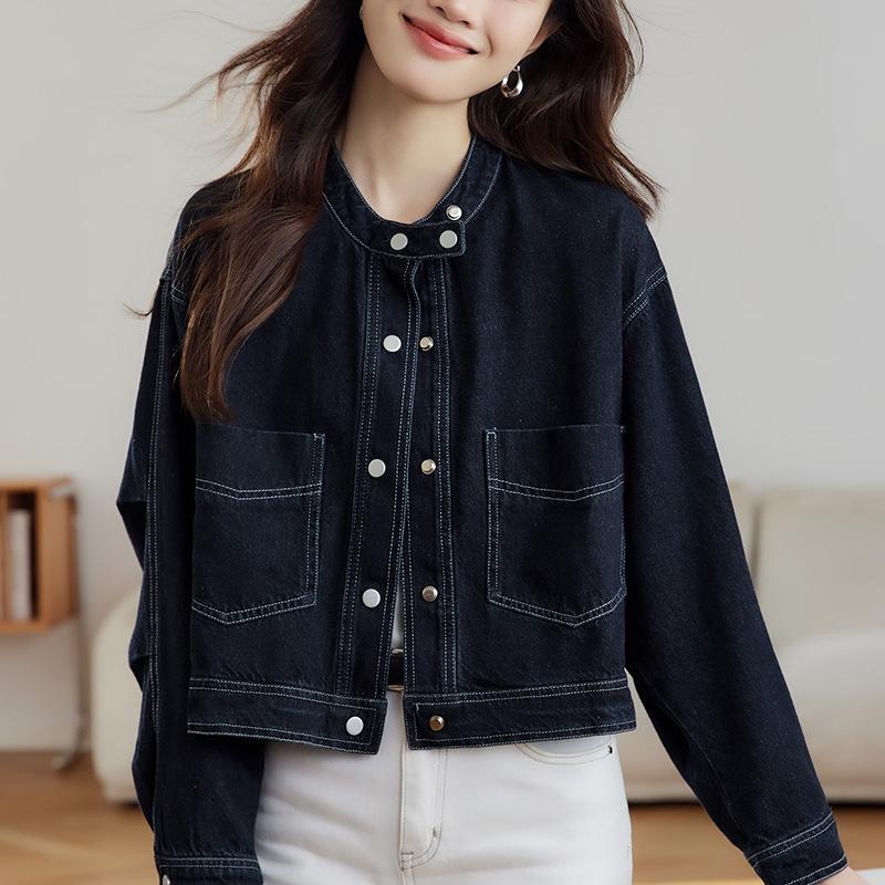 Round Neck Denim Short Jacket for Women Long Sleeve Spring and Autumn Clothes Updated Small Design Top
