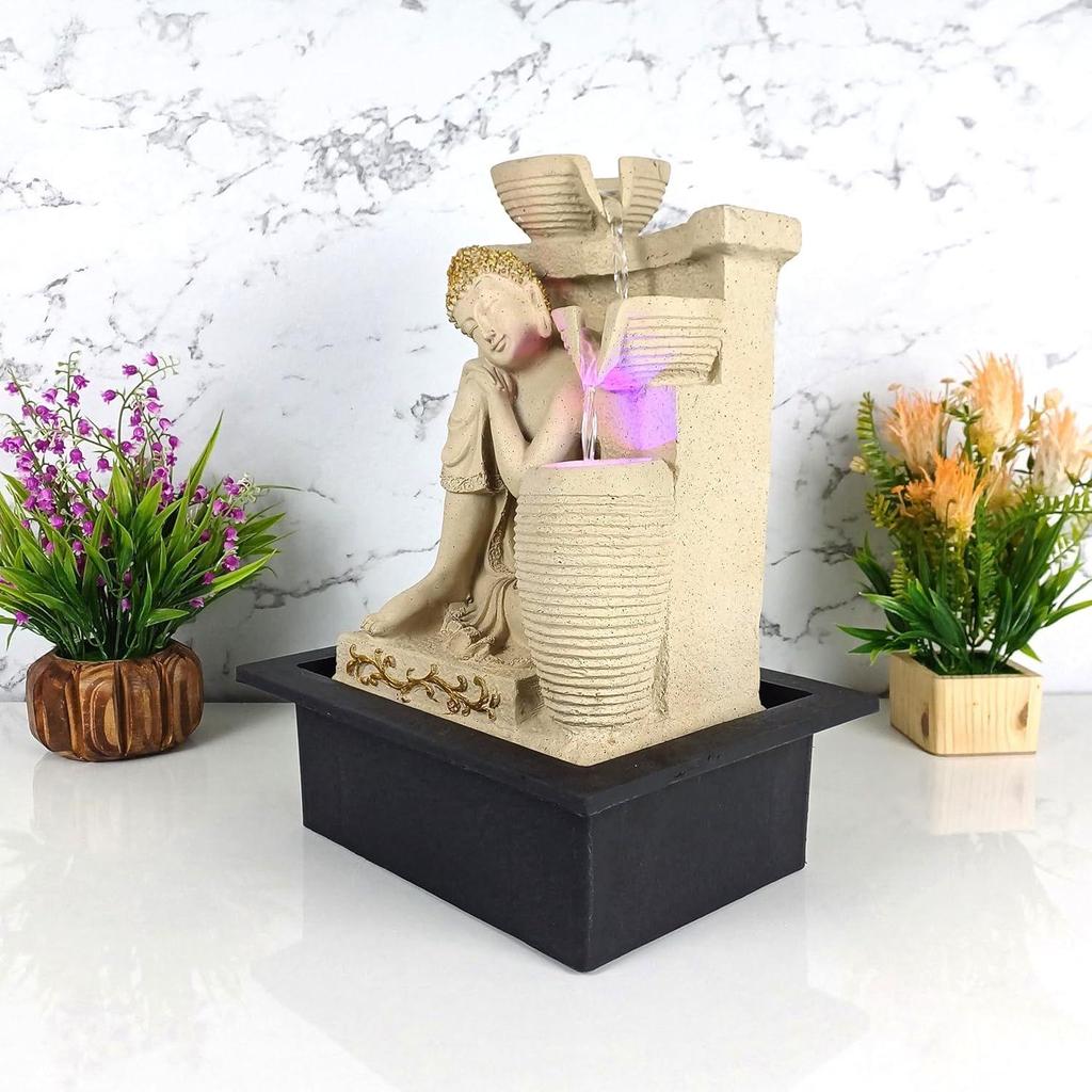 Nirvana Buddha Tischbrunnen mit LED RGB Licht für Heimdeko/Büro/Geschenk/Einweihungsgeschenk/Hochzeitsgeschenk (Beige Stone)