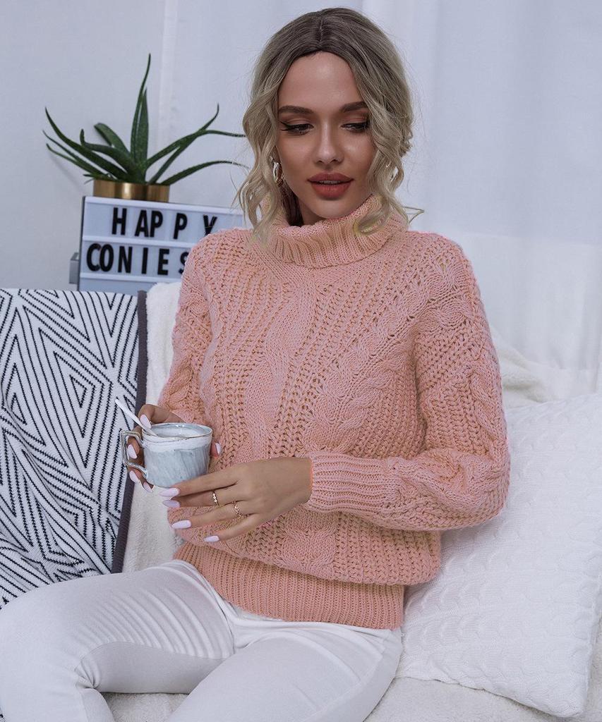 European & American Style Solid Color Cable Knit Turtleneck Sweater - Versatile Autumn/Winter Pullover