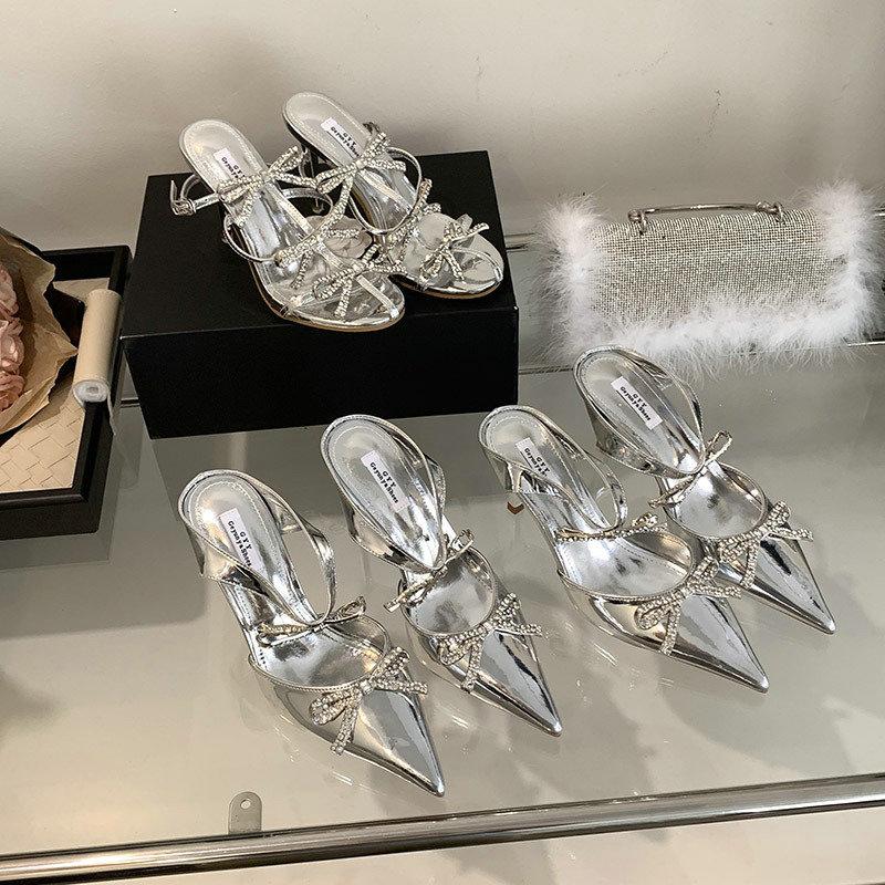 Advanced Sense ~! Silver Patent Leather Rhinestone Bow Pointy Half Slippers For Women With Fine Heels And High Heels