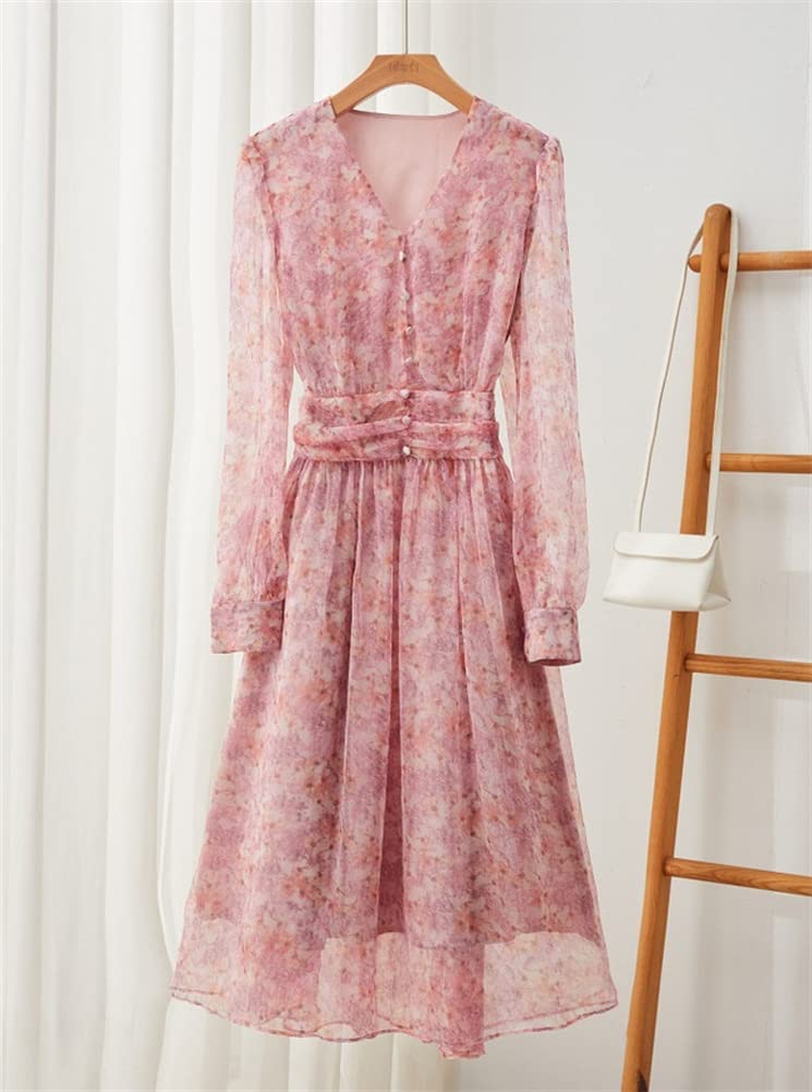 Chiffon Midi Elegant Floral Perfect for and Everyday Wear [JINZUOMA] Women's Dress, Long-Sleeved Dress, V-Neck, Spring/Summer, Fashion, Print, Dates,