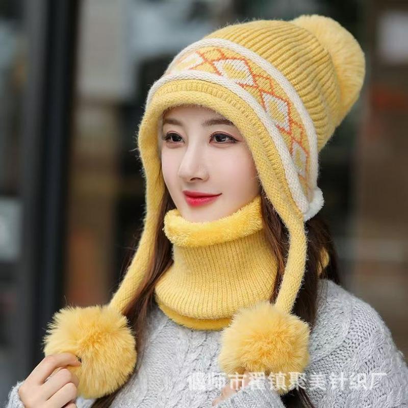 Winter Knitted Hat Cute Versatile Wool Cover Hat Fleece Thickened Thermal Ear Protection Hat Fleece Outdoor Cold-proof Milliner