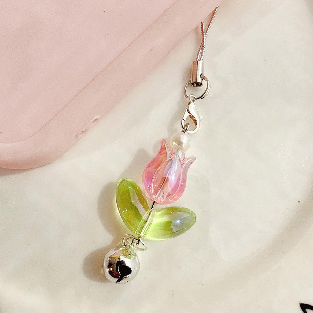 Sweet Tulip Flower Bell Phone Charm Straps Car Key Hangings Pendants Fashion Bag Decoration Lanyard Purse Accessories