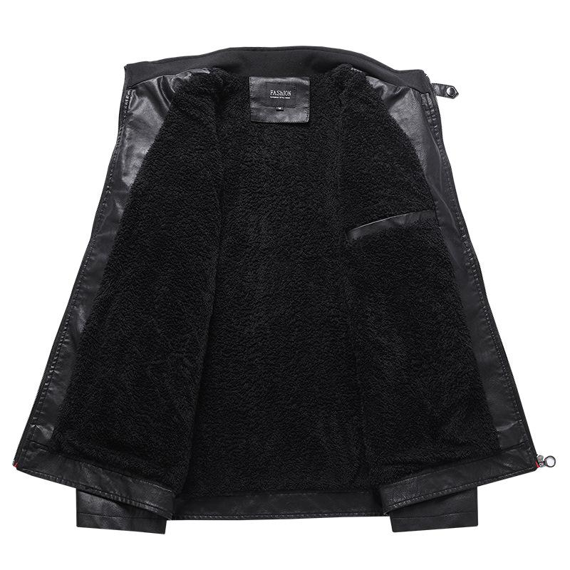 Fleece leather jacket for men, cold-proof and warm in autumn and winter, fleece leather jacket, heavy stand-up collar PU leather locomotive clothing
