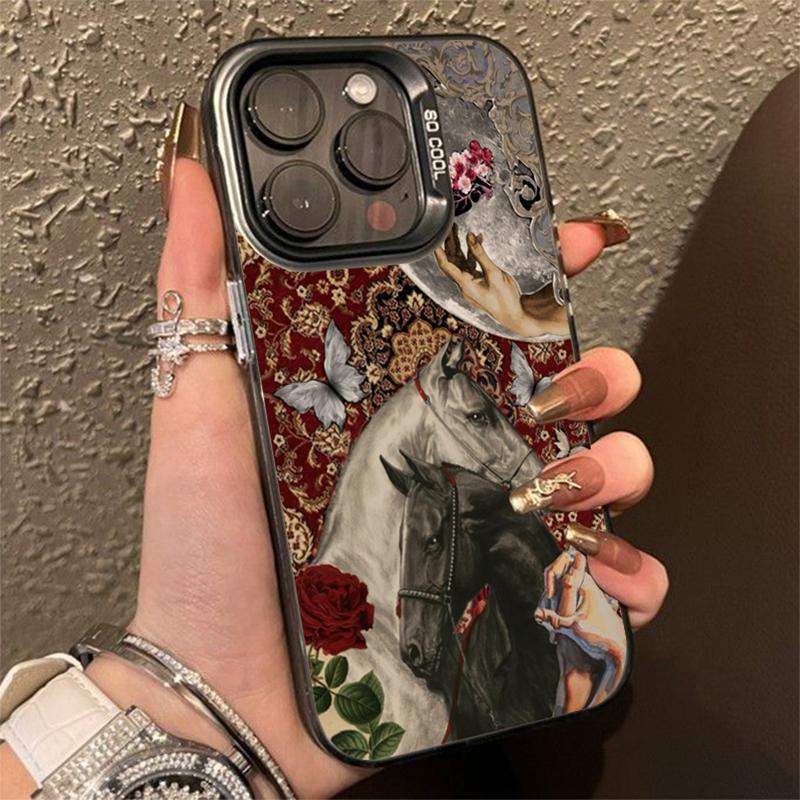 

Retro Style Totem Double Horse Rose Floral Illustration Phone Case for iPhone 17 16 15 14 13 12 11 Series Pro Max Plus iphone 11 ProMax