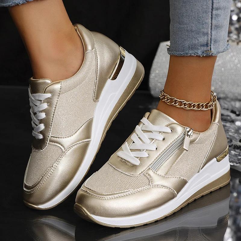Fashion Fashion Women's Sneakers 2025 Spring Thick Bottom Silver Sneakers Wedge Heel Vulcanized Shoes for Women Comfort Lace Up Sneakers