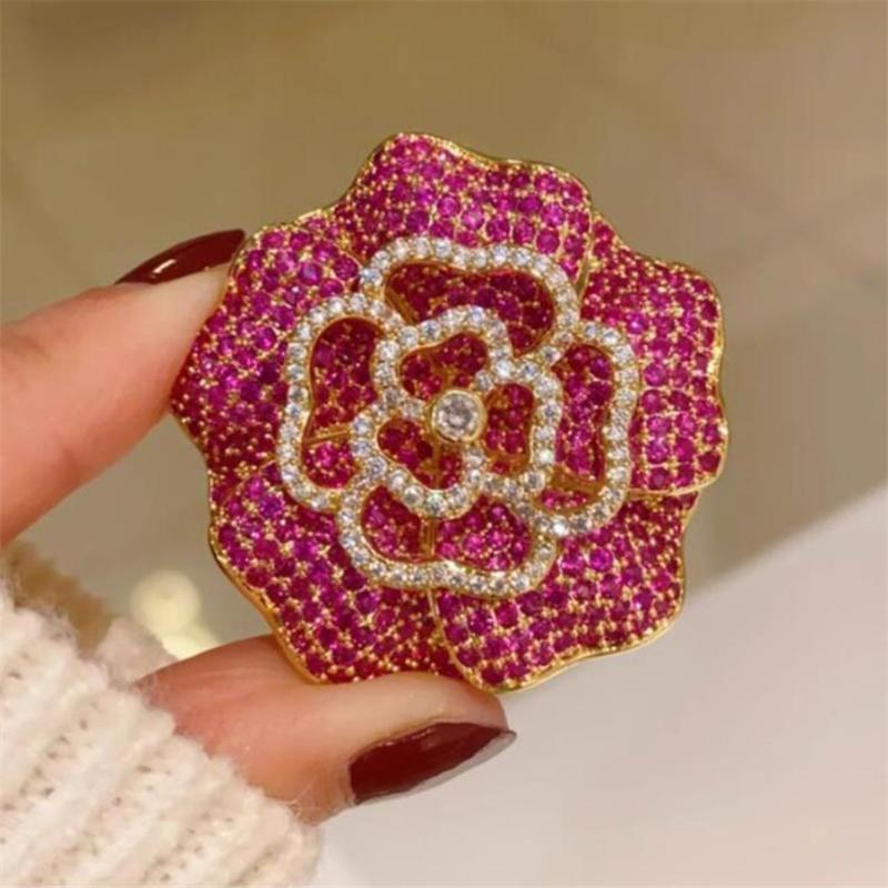 Retro Micro-Inlaid Rose Red Camellia Brooches For Women Clothing Coat Jewelry Accessries Gifts