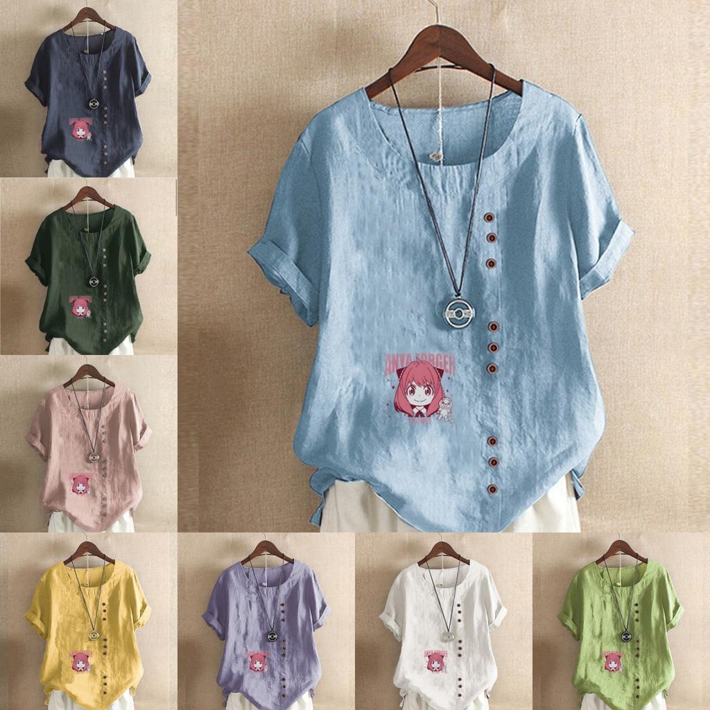 Women's Fashion Round Neck Short Sleeve T-shirt Casual Cotton Linen Graphic Shirt Leisure Loose Cartoon Characters Prined Summer Blouse Tops
