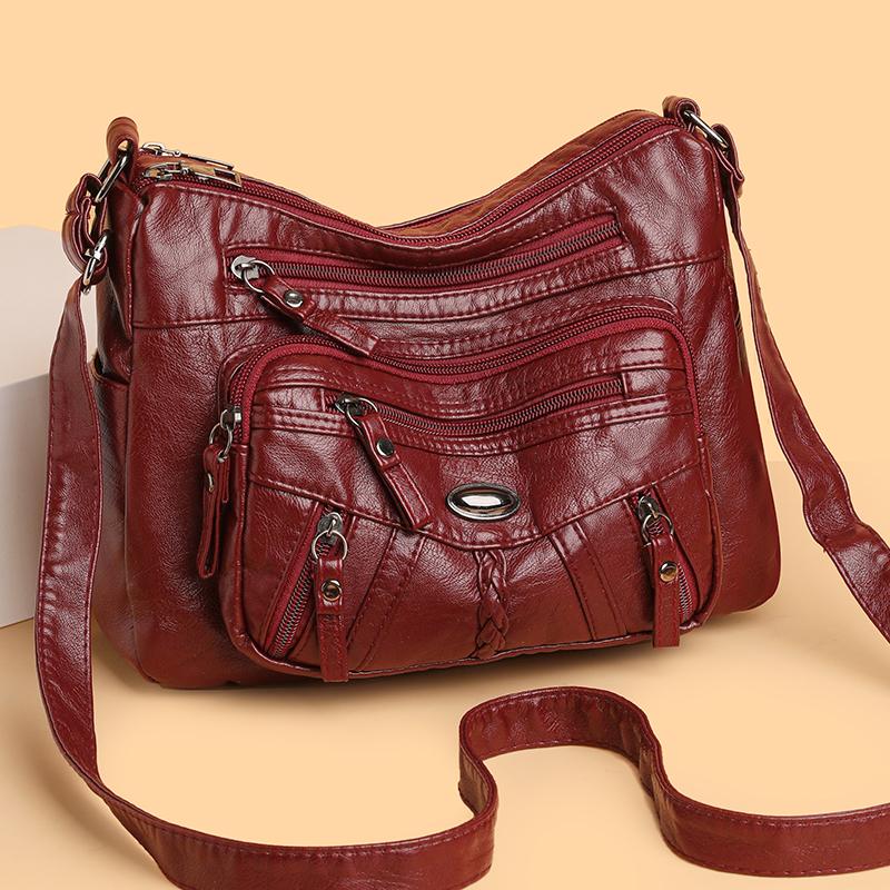 Damska miękka skórzana torba na ramię z wieloma kieszeniami, torba crossbody, torba dla mamy w średnim wieku