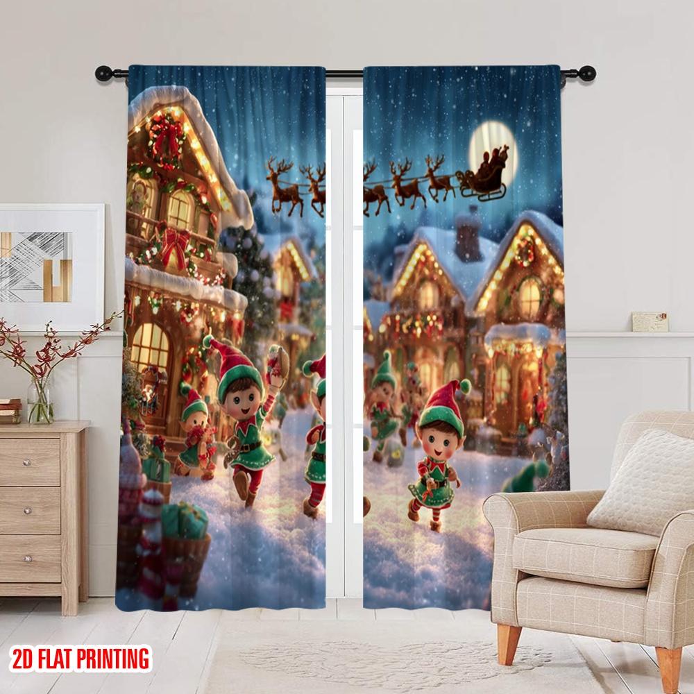 2pcs,2D Plane Printing Curtains Digital Printed Joyful Elves Playing In a Festive Light Versatile 100% Polyester (without Rod)