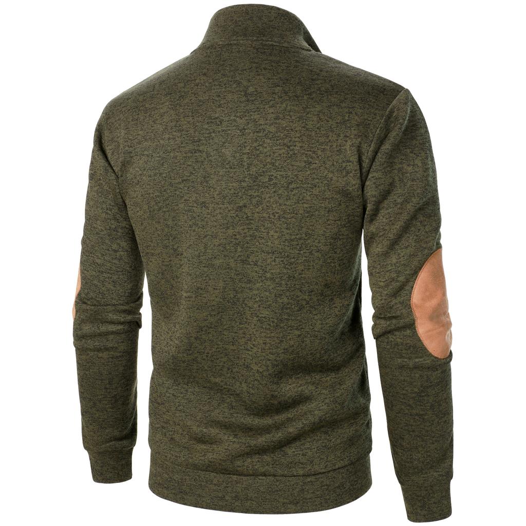 Men's Stand Collar Sweatshirt Jacket Knit Elbow Patch Casual Jacquard Cardigan Hoodie